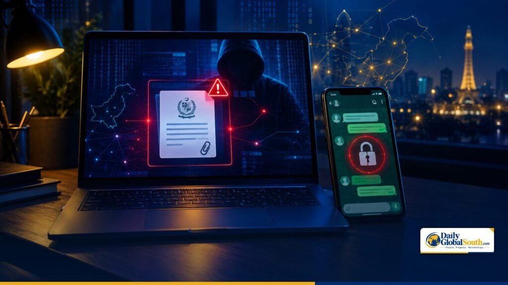 Illustration of a phishing attack through a messaging app on a laptop and smartphone